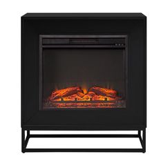 an electric fireplace with flames and logs in the front, on a black stand against a white background