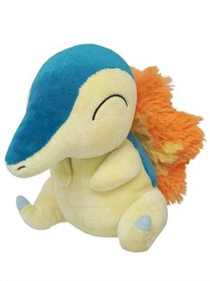 a small stuffed animal with an orange and blue tail