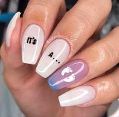 Pregnancy Announcement Nails, Pregnancy Nails Designs, Baby Gender Nails, Boy Baby Shower Nail Ideas, Gender Reveal Acrylic Nails, Nails For Gender Reveal, Pregnant Nails