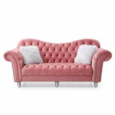 LOOMLAN Camelback Button Tufted Pink Velvet Scroll Arms Sofa_Sofas & Loveseats_LOOMLAN Home Scroll Arm Sofa, Camelback Sofa, Pink Velvet Sofa, Velvet Living Room, Velvet Loveseat, Silver Wood, Pinterest Room Decor, Types Of Sofas