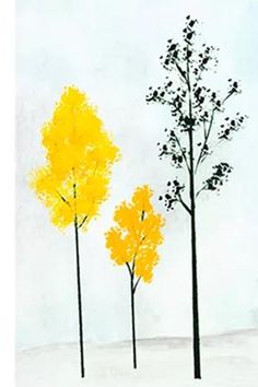 three trees in the snow with yellow and black leaves on each tree, one is tall