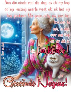 an old woman holding a white cat in her arms and looking out the window at the moon