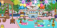 an animated birthday party with balloons and decorations