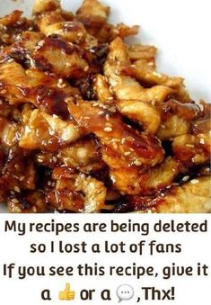 a white plate topped with chicken covered in teriyaki sauce next to a text that reads, my recipes are being deleted so i lost a lot of fans if you see this recipe