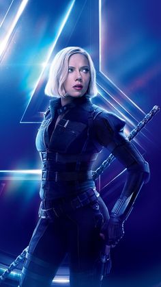 the avengers 4 character is standing in front of a blue background with an arrow on it