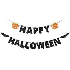 happy halloween banner with pumpkins hanging from it's sides and the words happy halloween