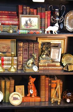 a book shelf filled with lots of books and figurines