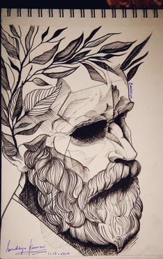 a drawing of a bearded man with leaves on his head