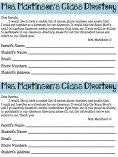 a printable teacher's class directory is shown in blue and white, with the words mrs marthan's class directory on it