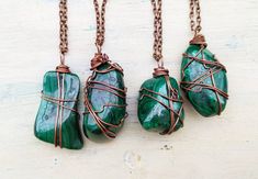 Copper wire wrapped Malachite necklace. Please choose length. Malachite is one of the most important stones to protect from negative energies. Life is lived more intensely under the influence of this adventurous stone. Encourages risk taking and change. It shows whats blocking your spiritual growth and enhances ones will power. Spiritual Green Copper Wire Necklace, Spiritual Green Necklace With Copper Wire, Green Wire Wrapped Crystal Necklace For Healing, Green Wire Wrapped Crystal Necklace Gift, Green Hand Wrapped Crystal Necklace Gift, Green Hand Wrapped Crystal Necklace For Gift, Chrysocolla Jewelry, Pyrite Pendant, Quartz Crystal Jewelry