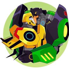 an image of a robot that is in the middle of a circular frame with green and yellow colors