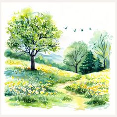 a watercolor painting of trees and flowers on a sunny day with birds flying overhead