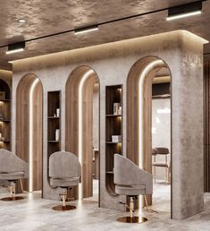 the interior of a salon with chairs and stools in front of an open bookcase