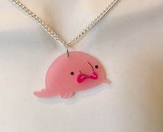 "Designed and created in the UK by Mother and Daughter, Hannah and Wendy Richardson in our Folkestone workshop. BLOB FISH Laser cut  Frosted pink acrylic  Approx 40mm wide On a silver plated 18\" chain In a presentation box." Cute Pink Resin Necklace, Pink Resin Pendant Necklace, Adjustable Pink Resin Necklace, Fish Clothes, Blob Fish, Plate Presentation, Cool Fidget Toys, Acrylic Necklaces, Fish Necklace