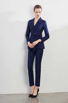 Navy Blue Belted Business Blazer Navy Blue Dress Suit Women, Dark Blue Suit For Women, Navy Blue Suit Women's, Navy Suit Women, Satin Suit Women, Tuxedo Women Suits, Womens Business Pants, Interview Suits, Working Office