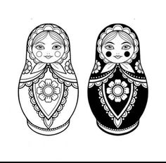 two russian nesting dolls with black and white designs