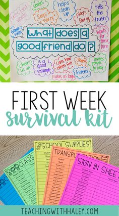 the first week survival kit is shown with text overlays that reads, what does it