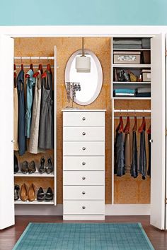 an organized closet with clothes and shoes