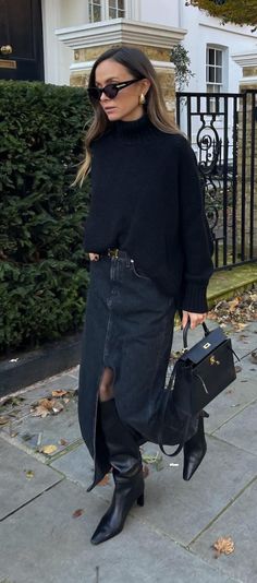 Black Formal Skirt Outfits, Skirt And Doc Martens Outfit Fall, Maxi Denim Skirt Fall Outfit, Autumn Rock Outfit, 35 Yo Women Fashion, Brunch Autumn Outfit, Work Banquet Outfit, Chic Denim Skirt Outfit, Mid Leather Skirt Outfit