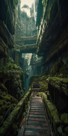 the stairs are covered with moss in this dark cave like area that is surrounded by rock formations