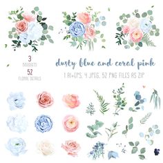 flowers and leaves are arranged in different colors on the white background, with text that reads dirty blue and coral pink