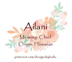 the words alani meang chef origin hawaiian are in front of an image of flowers