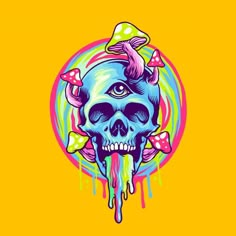 a colorful skull with mushrooms on it's head and an eyeball in the background