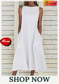 Summer Maxi Pockets Dress Women Solid Sleeveless Crew Neck Dress Sleeveless Solid Color Midi Dress For Summer, White Casual Midi Sleeveless Dress, White Casual Midi Length Sleeveless Dress, Casual Sleeveless Shift Maxi Dress, Casual Sleeveless Solid Color Dress, Casual Sleeveless A-line Dress, Spring Sleeveless Shift Maxi Dress, Sleeveless Shift Maxi Dress For Spring, Sleeveless Shift Midi Dress For Summer