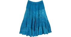 Ribbon Tiered Maxi Skirt with Lace Work - A cheerful teal, between and green and blue for a perfect summer to spend your day in the coolness of this hue and relax with the comfortable texture of the fabric. A modern take on the rodeo chic style in urban colors all our festival skirts will make you proud. The self-design, the machine embroidery and the lacework on the panels make it an exclusive skirt. Wear a solid chic top for a summery look, with flip-flops and chic earrings. A versatile piece, Casual Flowy Turquoise Skirt, Turquoise Lined Skirt For Summer, Fitted Turquoise Skirt For Summer, Spring Turquoise Lined Skirt, Turquoise Lined Skirt Bottoms For Spring, Spring Flowy Turquoise Skirt, Fitted Turquoise Skirt For Spring, Turquoise Flowy Long Skirt, Turquoise Fitted Skirt For Spring