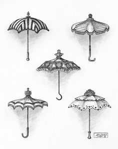 six umbrellas are shown in black and white