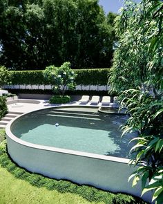 an empty swimming pool surrounded by greenery