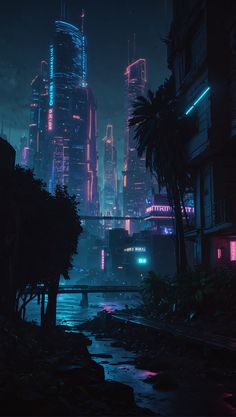 a city at night with neon lights and palm trees