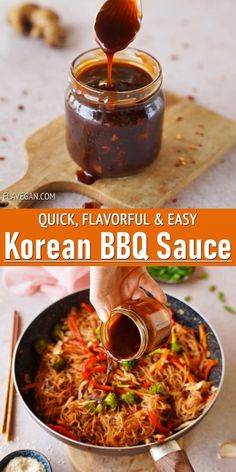 korean bbq sauce is being poured into a pan with noodles and vegetables in it