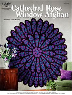 a purple and blue crocheted doily is featured in the article cathedral rose window afghan