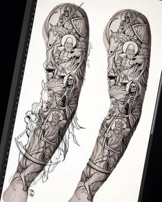 a drawing of two legs with tattoos on them and one leg is covered in skulls