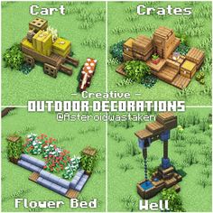 four different types of outdoor decorations in the game, including flowers and crates for plants