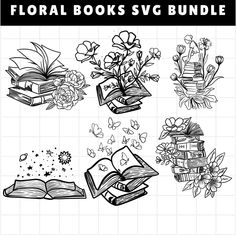 the floral books svg bundle is shown in black and white, with an open book on