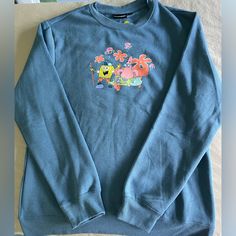 Brand New Spongebob Crewneck Sweatshirt Unisex Sizing Fleecy Inside; Very Soft Blue Casual Sweatshirt With Cartoon Print, Casual Crew Neck Sweatshirt With Cartoon Print, Blue Cartoon Print Relaxed Fit Tops, Blue Relaxed Fit Top With Cartoon Print, Blue Cartoon Print Tops Relaxed Fit, Blue Cartoon Print Tops With Relaxed Fit, Fun Blue Crew Neck Sweatshirt, Fun Blue Cotton Sweatshirt, Trendy Blue Sweatshirt With Cartoon Print