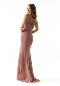 a woman in a long pink dress is standing and looking back at the camera with her hands on her hips