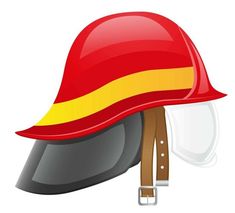 a red helmet with a yellow stripe on it