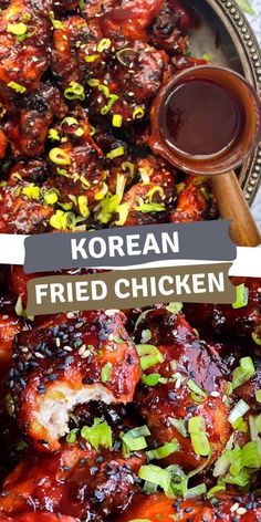 korean fried chicken with sauce and green onions