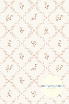 a white and brown wallpaper with small flowers on the bottom right corner, and an orange circle in the middle