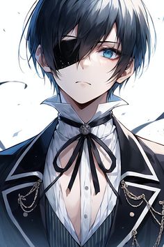 an anime character with black hair and blue eyes wearing a white collared shirt, silver chain around his neck