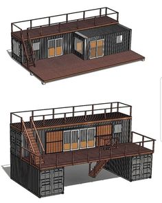 two renderings of shipping containers with stairs leading up to the top and bottom floor