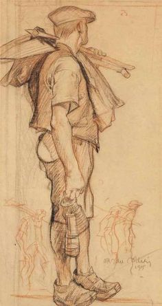 a drawing of a man standing with his back turned to the camera, wearing boots and a hat