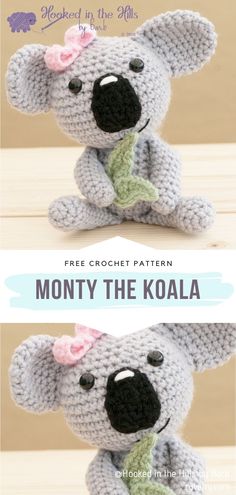 a crocheted koala stuffed animal is shown with the text, free crochet pattern