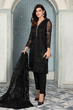 Detailing: Embroidery, ThreadsColor: BlackFabric: Organza, Cotton Design: Embroidered, Embellished Black Salwar, Black Salwar Kameez, Dress Design Pakistani, Dupatta Style, Dress Salwar Kameez, Simple Black Dress, Black Print Dress, Party Dresses Online, Embroidery Threads