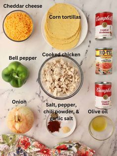 ingredients to make tortillas laid out on a white marble counter top with text overlay