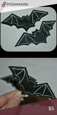 two pictures showing how to sew bats on the front and back of an iron - on patch