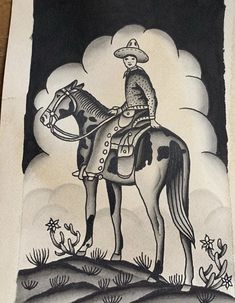 a drawing of a man riding on the back of a horse in front of a cloudy sky